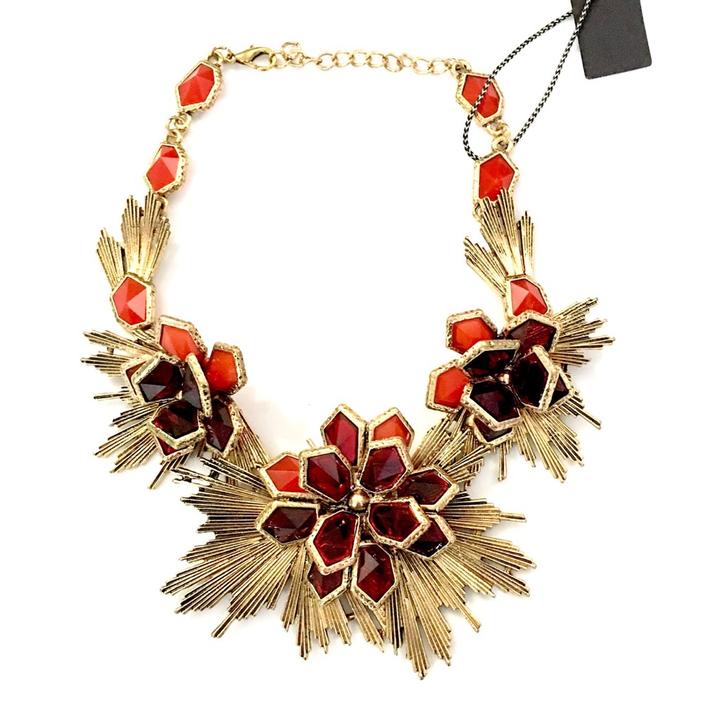 Statement Dimensional Red Rust Floral Necklace Ear - image 4
